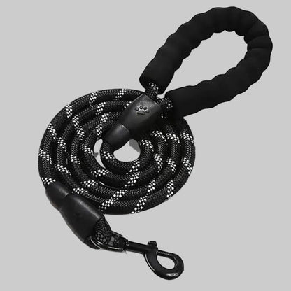 Black dog leash with paw print design on a white background