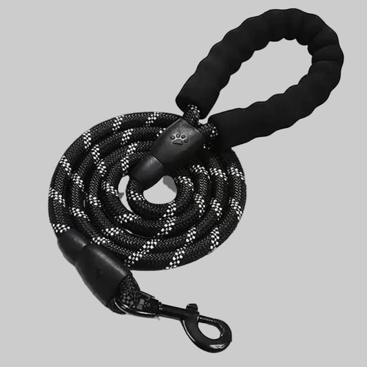 Black dog leash with paw print design on a white background