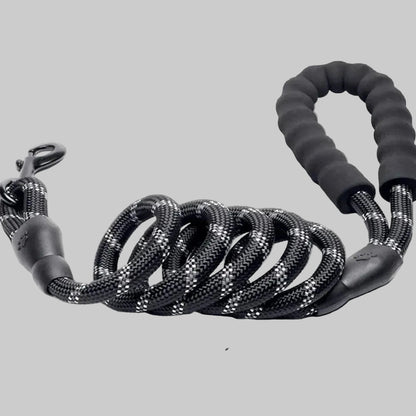 Black dog leash with measurement details on a gray background
