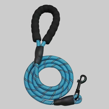 Blue dog leash with black handle and clip on a Gray background