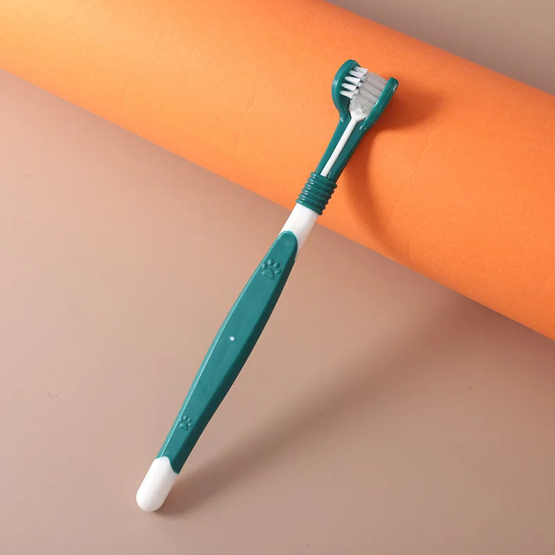 Green toothbrush with white bristles on an orange and brown gradient background