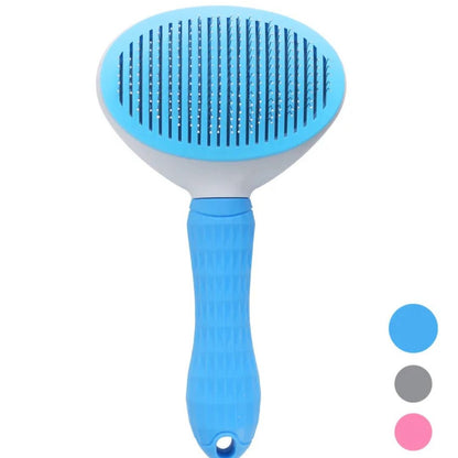 Blue pet grooming brush on a white background with color swatches.
