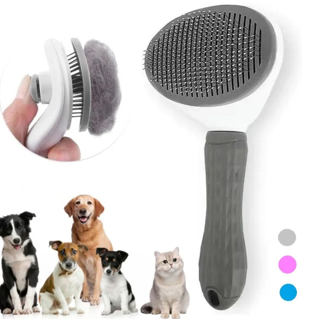 Pet grooming brush with different attachments and a group of dogs and cats on a white background.
