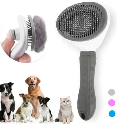 Pet grooming brush with different attachments and a group of dogs and cats on a white background.