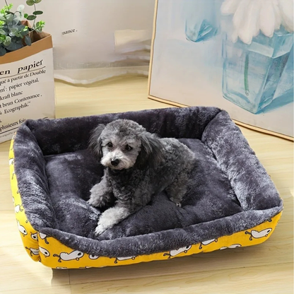 Dog lying on a gray pet bed with yellow edge and cartoon design, indoors.