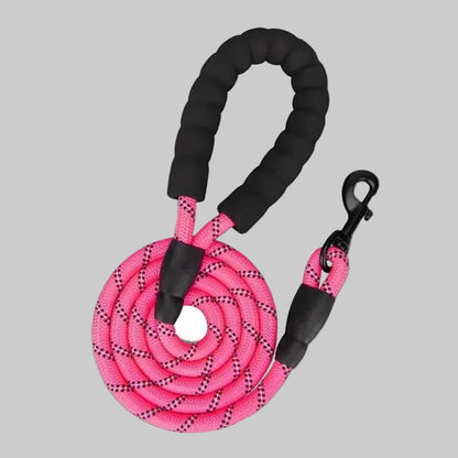 Pink dog leash with black handles on a gray background