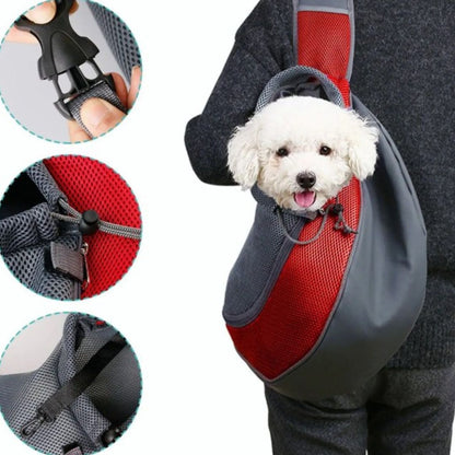 Dog in a red and gray pet sling with close-up insets of the straps.