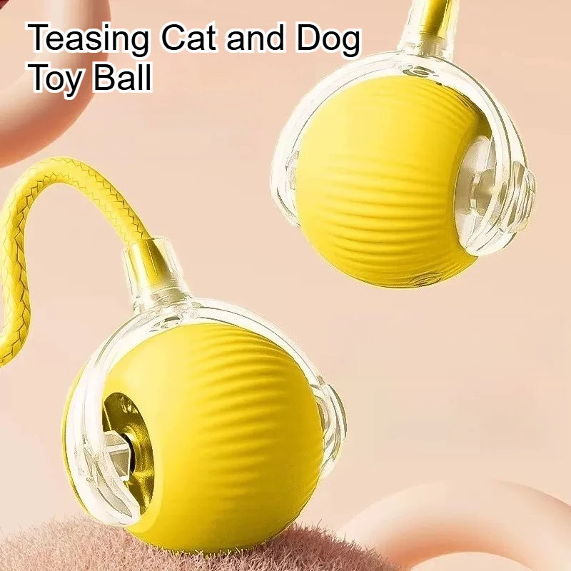 Yellow toy ball with a rope on a beige background