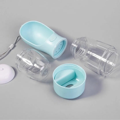 Pet water bottle with detachable parts on a gray background
