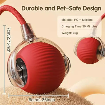 Red ball with a charging cable, labeled 'Durable and Pet-Safe Design', on a beige background.