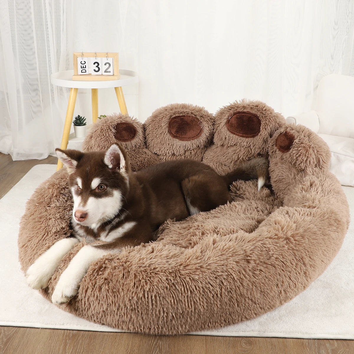 Soft calming pet bed for dogs and cats in plush breathable fabric