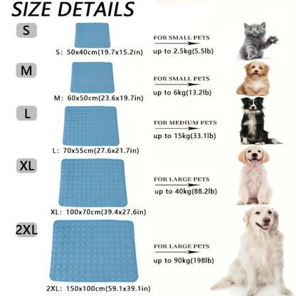 Size chart for pet mats with images of small, medium, and large pets indicating weight ranges.