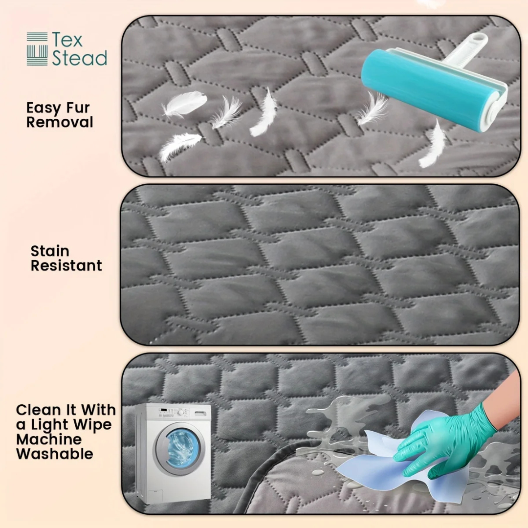 Gray quilted surface with a roller brush, cleaning action, and washing machine, featuring TexStead branding.