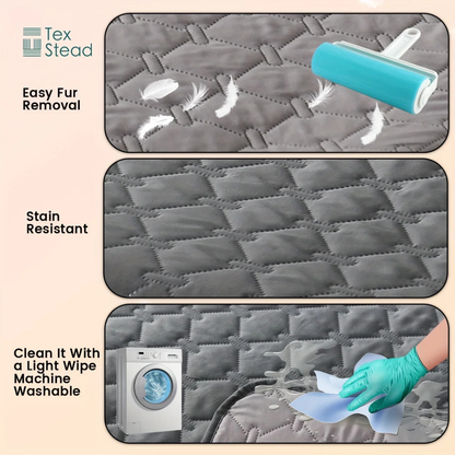 Gray quilted surface with a roller brush, cleaning action, and washing machine, featuring TexStead branding.