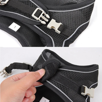 Black pet harness with adjustable straps on a white background