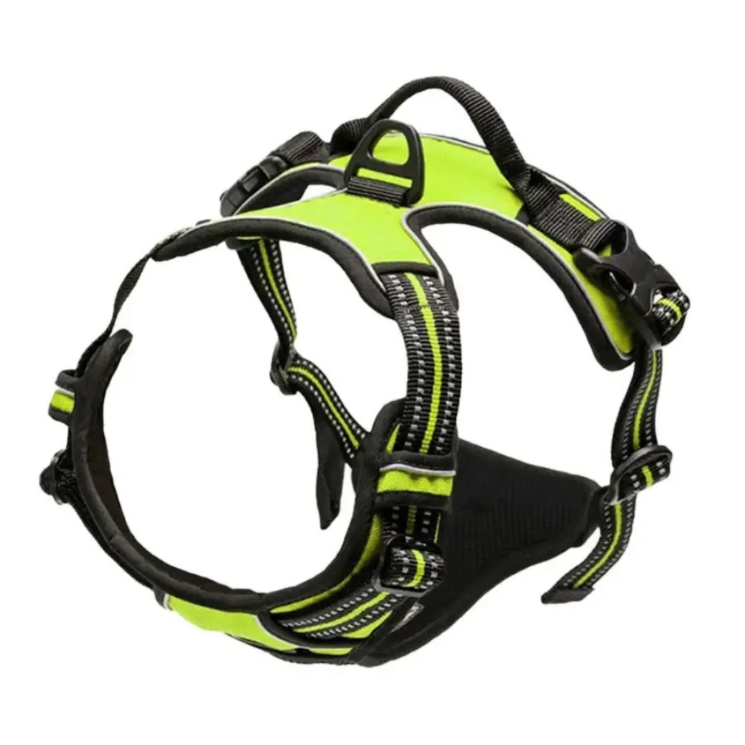 Dog harness with green and black straps on a white background