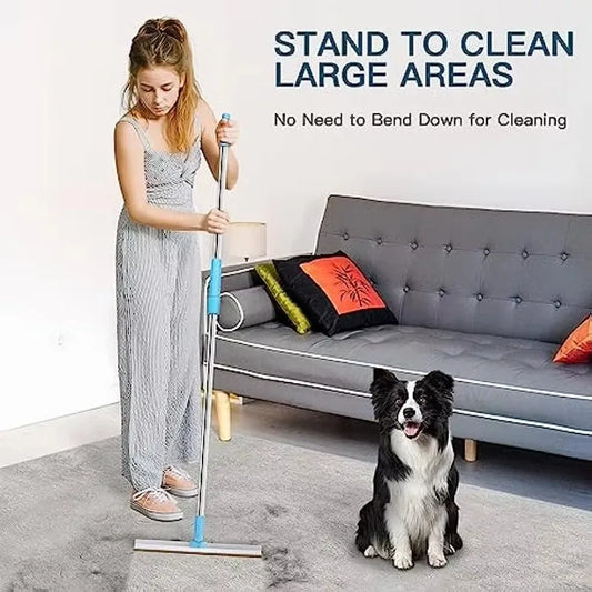 Woman using a standing mop in a living room with a dog sitting on the floor.