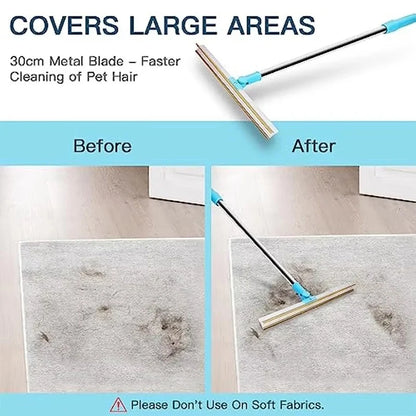 Cleaning tool with metal blade cleaning pet hair from a floor, before and after comparison.