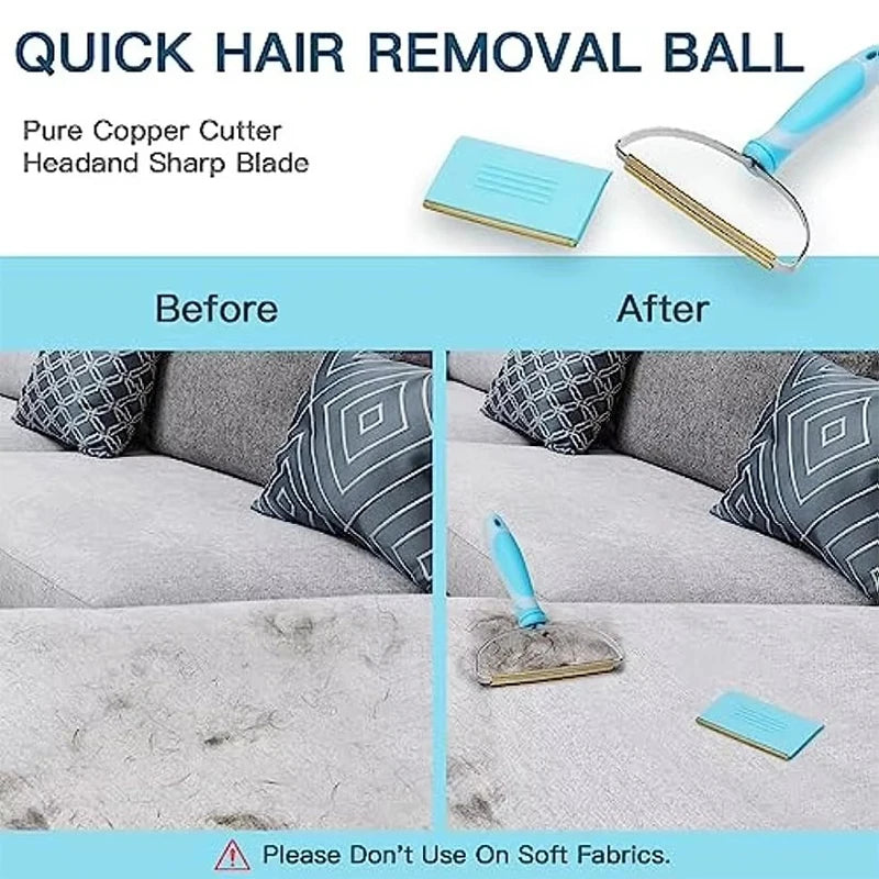 Quick hair removal ball with before and after comparison on a sofa.