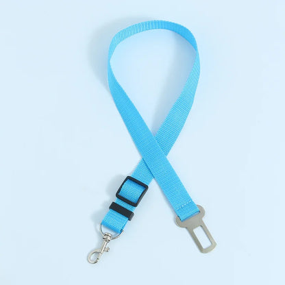 Adjustable nylon pet car seat belt safety leash for dogs and cats with quick-release buckle, helping keep pets secure and comfortable during car travel.
