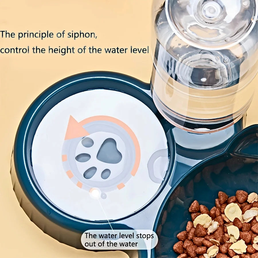 Pet water bowl with a siphon mechanism and food dish on a beige background